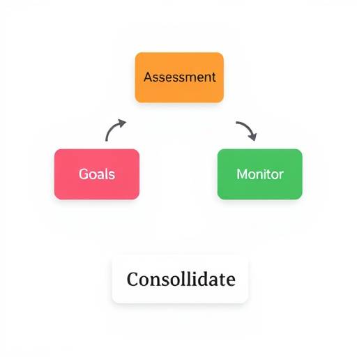 Diagramma di flusso che illustra le fasi del processo di consulenza: Assessment, Obiettivi, Pianificazione, Implementazione, Monitoraggio, Consolidamento