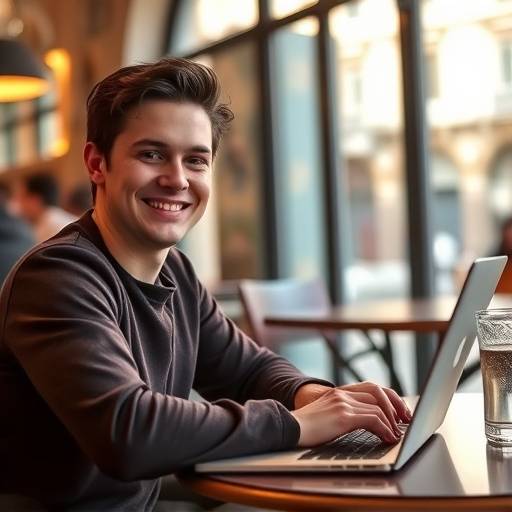 Immagine di una persona che sorride mentre lavora su un computer portatile in un caff&radic;&reg; accogliente a Bologna