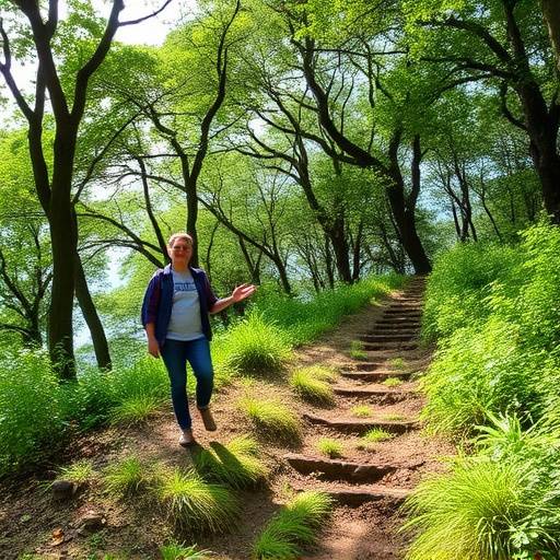 Un coach che guida un cliente attraverso un percorso di crescita personale, simboleggiato da un sentiero in salita con alberi rigogliosi ai lati.