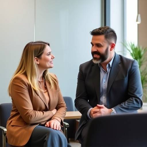 Una coach e un cliente che discutono di obiettivi di carriera in un ambiente professionale a Bologna