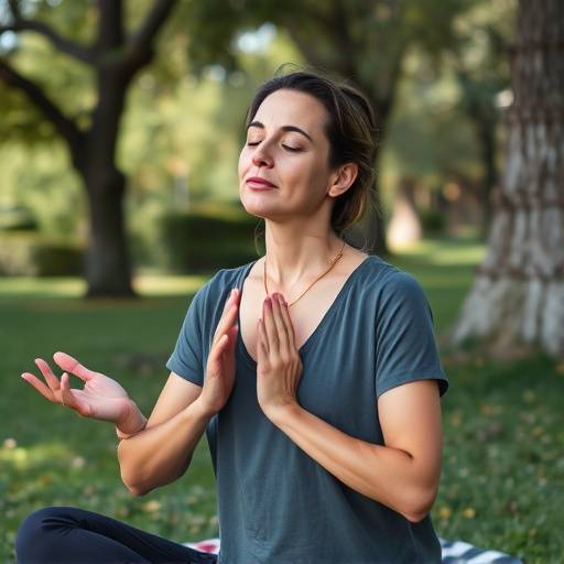 Una donna che pratica mindfulness durante una sessione di coaching per il benessere in un parco a Bologna